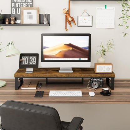 IBUYKE Large Dual Monitor Stand Riser for 2 Monitors, Wooden Desktop Computer Monitor Stand Storage Shelf and Steel Legs,Dual Screen Office Desk,Monitor Riser for Computer, Printer,Laptop,TV,Black UTDJ002B