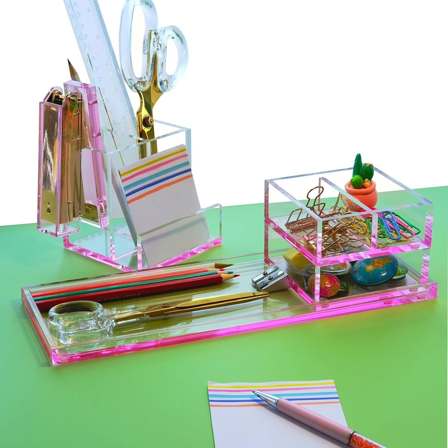 Clear Acrylic Desk Organizer 4-Piece Desk Kit + Free Complimentary Acrylic Ruler, Desktop Organization for Office or Home