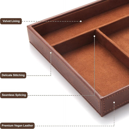 TopMade Valet Tray with Wireless Charging Pad Nightstand Organizer, Leather Desktop Storage Dresser Organizer Charging Station, Jewelry Box Catchall Bedside Vanity Tray for Men Women(Brown)
