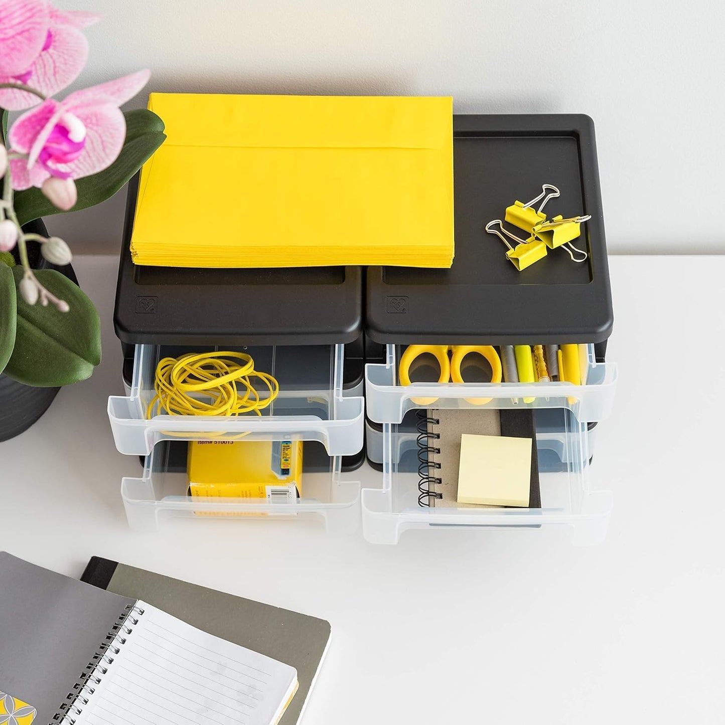 IRIS USA Plastic Stacking Desk Top 3-Drawer Storage Organizer, 2-Pack, for Makeup Vanity Nail Polish Bathroom Stationery Art Craft Supplies Kitchen Office Garage and Small Organization, Small, Black