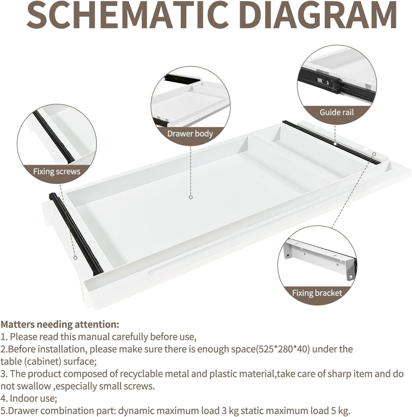 Under Desk Mounted Sliding Drawer to pull out, Attachable Desk Pencil Drawer Ball-Bearing Slides