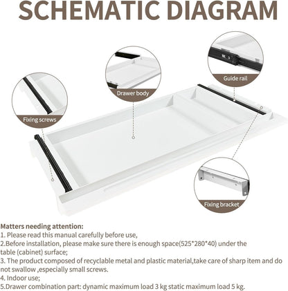 Under Desk Mounted Sliding Drawer to pull out, Attachable Desk Pencil Drawer Ball-Bearing Slides