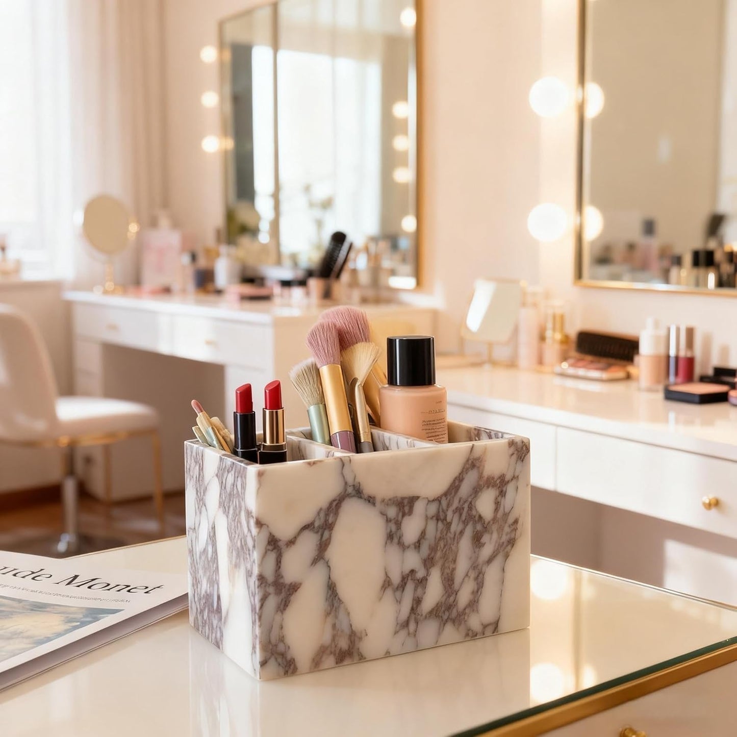 Marble Pen Holder, White Stone Rectangular Desktop Organizer, Office Study Makeup Brush Storage, Home Desk Decor, Minimalist Design, Durable Marble Accessory