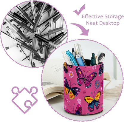 Leather Pen Holder for Desk, Love Cherry Pencil Organizer Pencil Cup Desk Decor Makeup Brush Holder Multifunctional Office Supplies for Home,Office, School