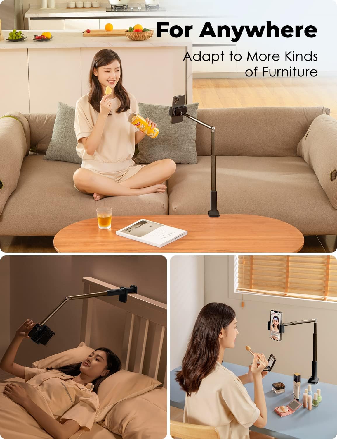 Viozon Phone Holder, Flexible Long Arm,Overhead Mount,360° Angle Adjustable,Aluminum Alloy, C Clamp for Headboard Bedside&Table&Desk,Compatible with 3.5"-6.9" Phone,iPhone 16 15 Plus/Pro Max W