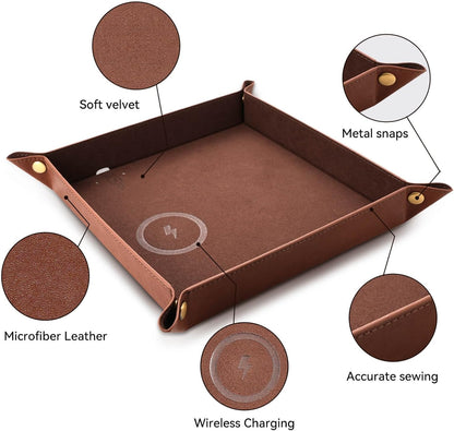 Wireless Charging Valet Tray, Hi-HONX Travel Essentials Organizer with 15W Fast Qi Charger for Passport, Phone, Keys, Wallet | Bedside Desk Valet Tray for Hotel, Home Entryway, Dresser