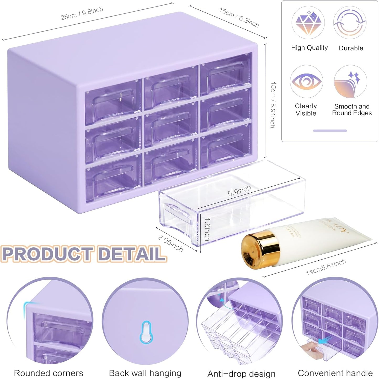 Desk Storage Organizer with 9 Drawers, MYKASEN Clear Plastic Storage Cabinet, Stackable Desk Storage Box for Makeup Office Craft Hardware Art Supplies, 9.8x6.3x5.9inch(White)