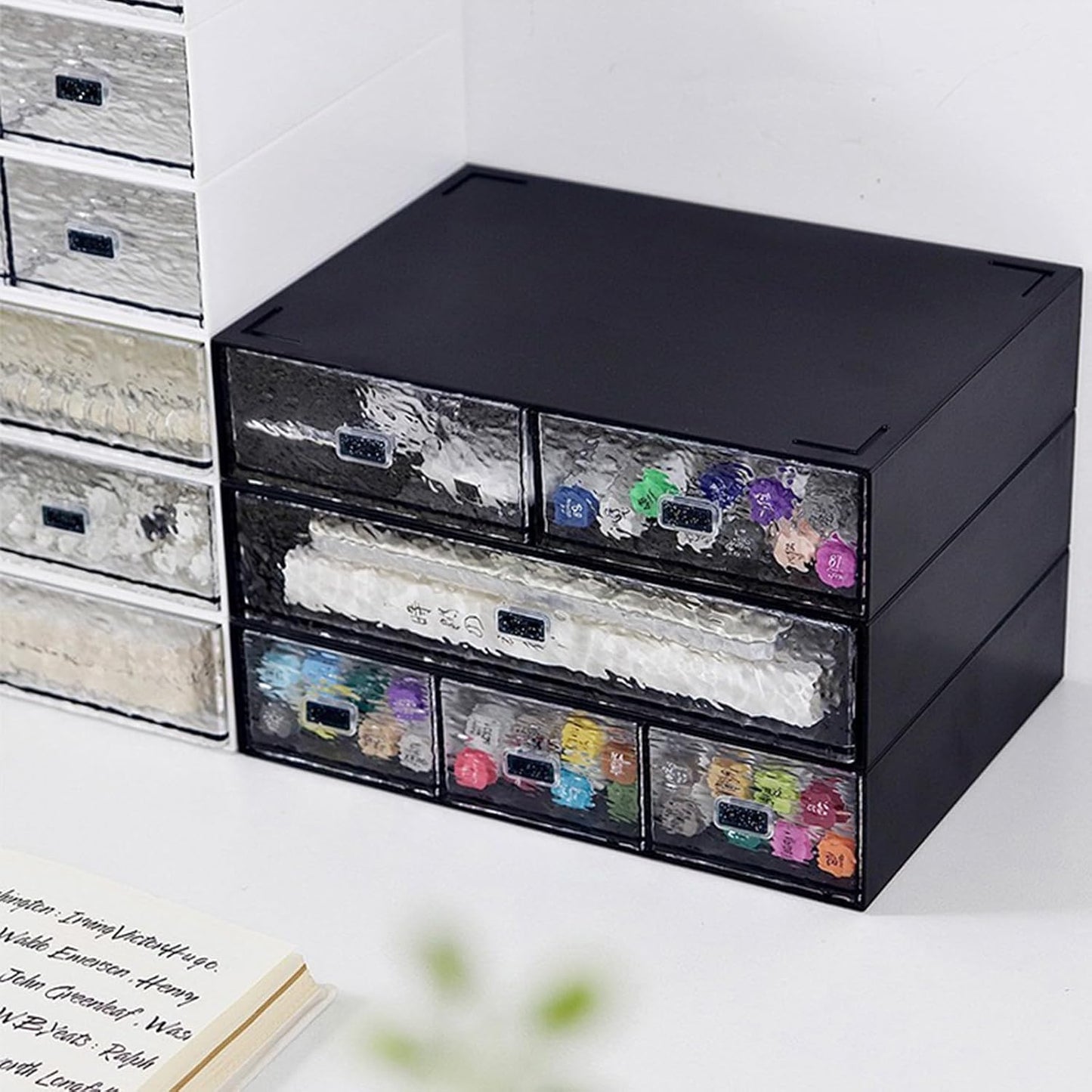 Desk Drawer Organizer, Stackable Plastic Storage Drawer, Grocery Organizer For Stationery/Office Supplies (Blue, 3 Compartment)