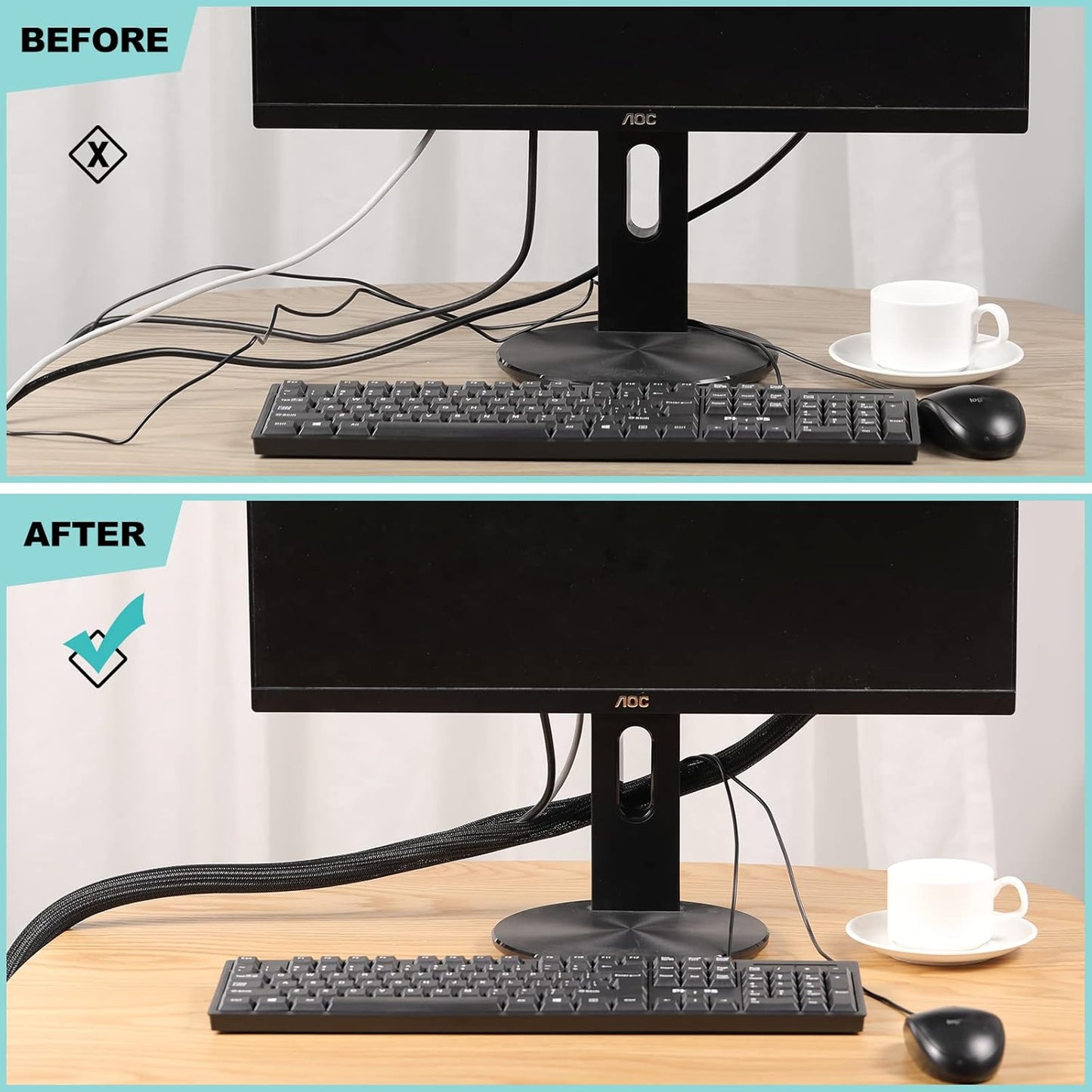 AGPTEK White Cable Sleeve, 2 Pack 5ft - 1.2 Inch Cable Management, Desk Cord Cover Organizer Wire Hider for Computer TV Wire Loom Tubing, Pet Proof Cord Protector from Cat Dog Chewing, White