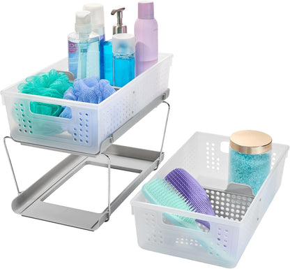 madesmart 2 Tier Bath Organizer, Undersink Storage with Sliding Drawers, for Cleaning Supplies, Pantry, Sponges, Bottles & Kitchen Essentials, Adjustable Dividers & Pull Out Sliding Baskets, Frost