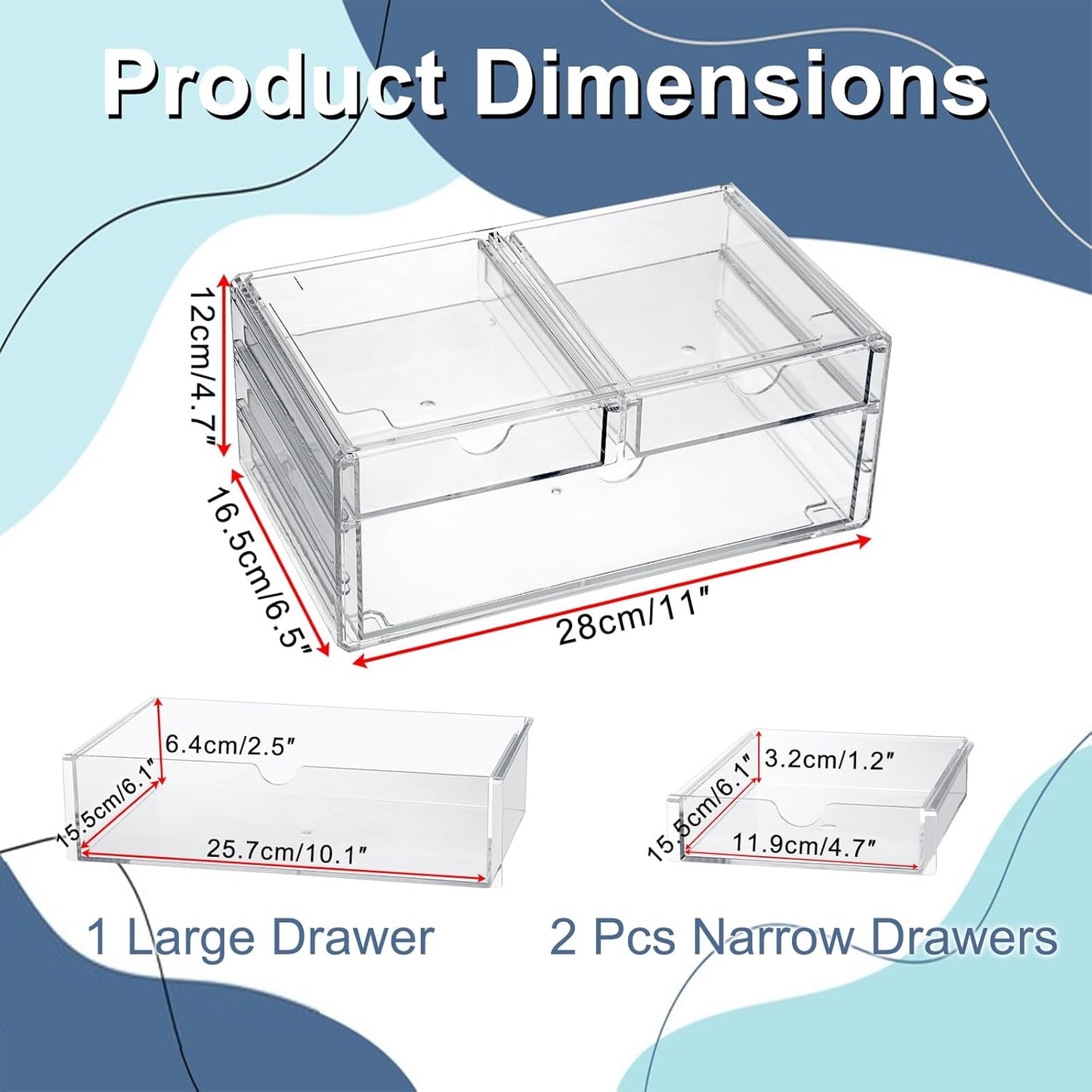 BTSKY Clear Acrylic Drawer Organizer, Stackable Container with 2 Narrow + 1 Large Drawers, Desk Organizer for Stationery Study Essentials Makeup Jewelry, Multipurpose Storage Box for Office and Home