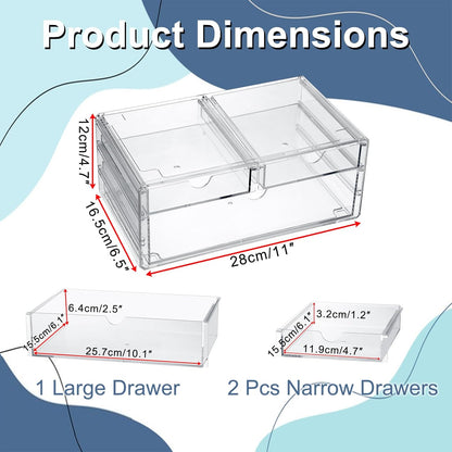 BTSKY Clear Acrylic Drawer Organizer, Stackable Container with 2 Narrow + 1 Large Drawers, Desk Organizer for Stationery Study Essentials Makeup Jewelry, Multipurpose Storage Box for Office and Home