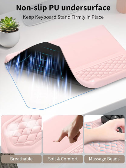 3-in-1 Ergonomic Keyboard Stand with Wrist Rest & Mouse Pad Set, Comfy Keyboard Riser Holder Soft Mousepad with Massage Design, Memory Foam and Non-Slip PU Base for Pain Relief, Black