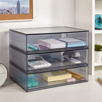 STORi STAX Plastic Stackable Organizer Drawers (Set of 2) Clear | 12.5" Wide | Set Includes Two Open Drawer | Organize Office Desk Accessories & Sort Paper | Made in USA