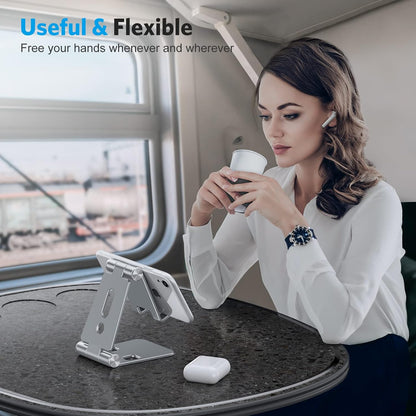 OMOTON Foldable Cell Phone Stand, C4 Portable Aluminum Phone Holder, Adjustable Phone Dock Cradle Compatible with iPhone 17/16/15 Pro Max Air, Samsung Galaxy, Small Tablets, All Smart Phones, Silver