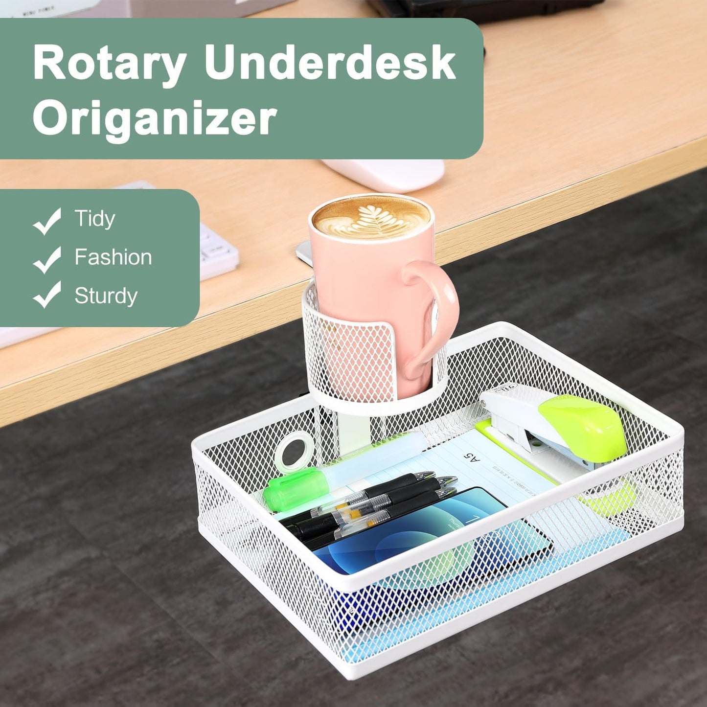 ROSYLINE 360°rotation under desk drawer, Drawer Under Desk Storage Organizer, Rotary Desk Storage Organizer with Cup Holder, Clamp Drawer Basket, sturdy and durable (black)