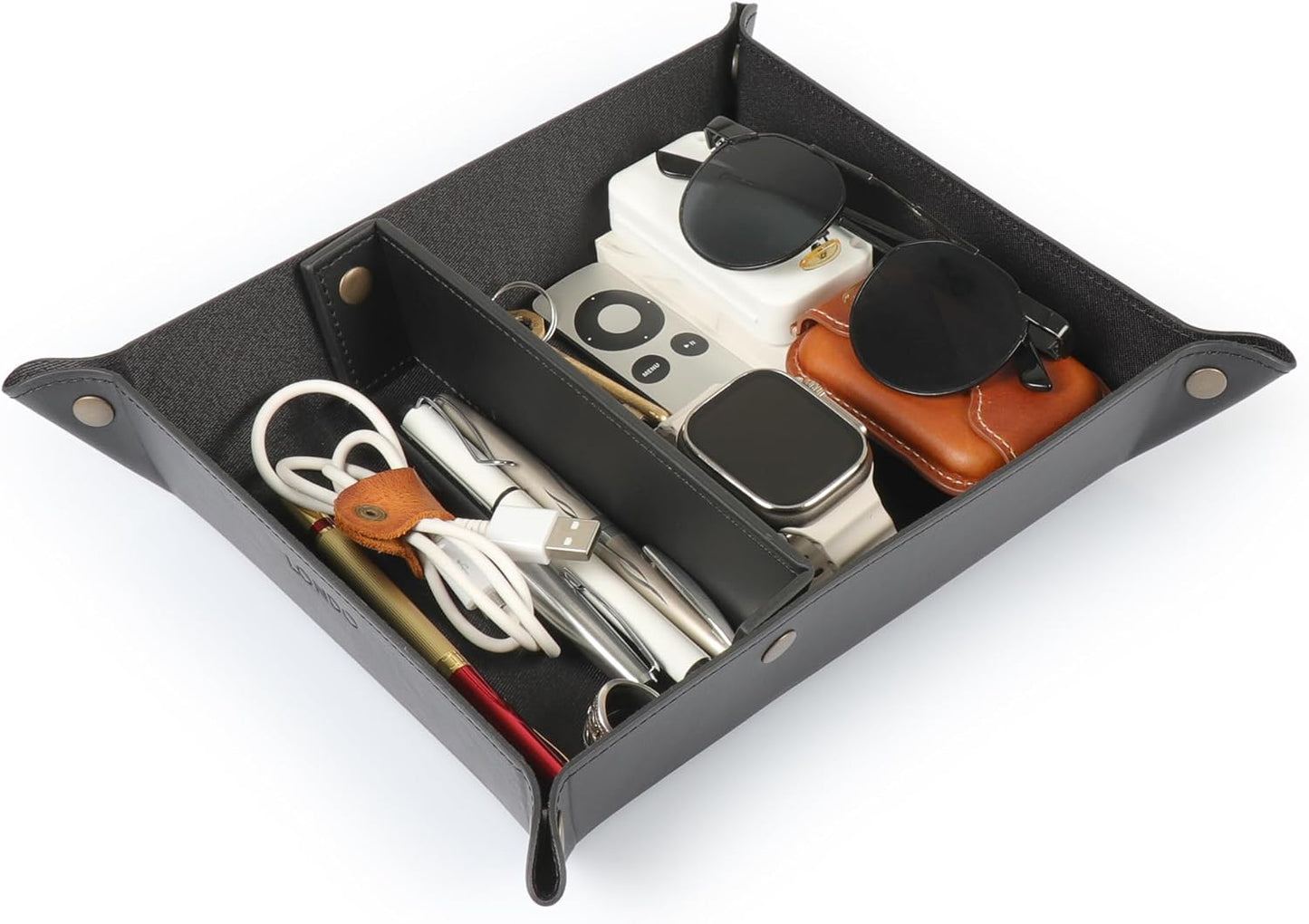 Londo Leather Tray Organizer - Practical Lightweight Water Resistant Computer Table Desk Storage Box for Wallets, Watches, Keys, Coins, Cell Phones and Office Equipment