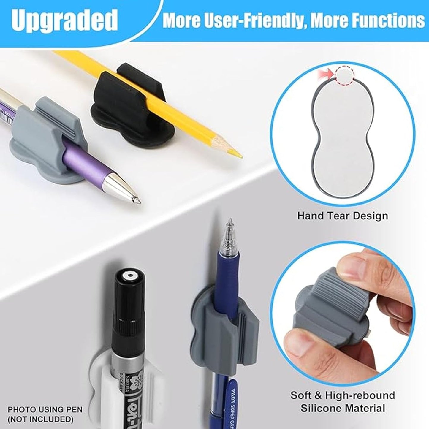 6 Pack Adhesive Pen Holder - Self-Adhesive Silicone Organizer Set - Multifunctional Clips for Desk & Wall - Ideal for Adults and Kids, Office and Home Organization (6)