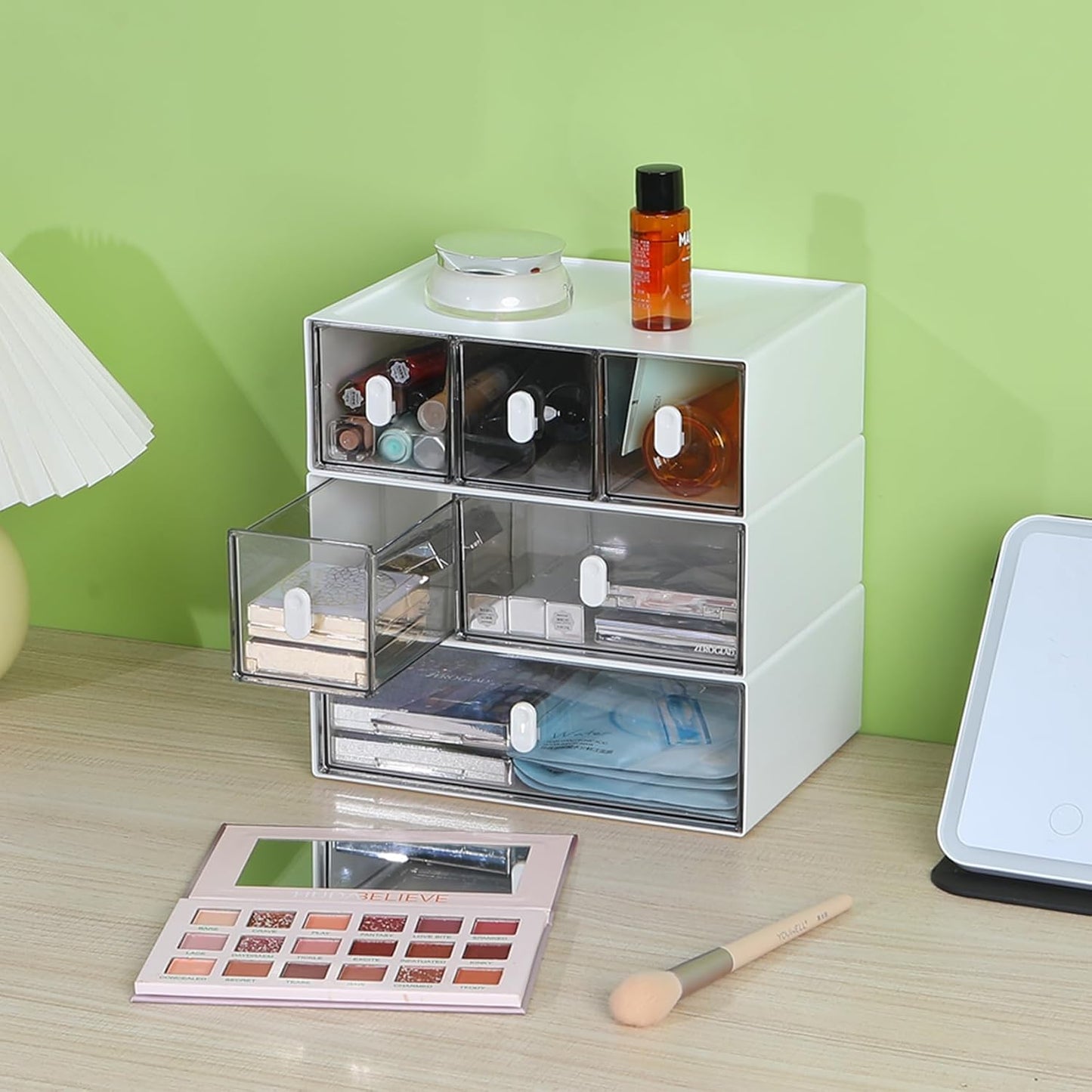 Desktop Storage Drawers, Plastic Desk Organizer with 3 Drawers, Modular Stackable Toolbox Units for Office Stationary, Makeup Container, Bathroom Countertop (1 Tall Layer, Cream & Clear)