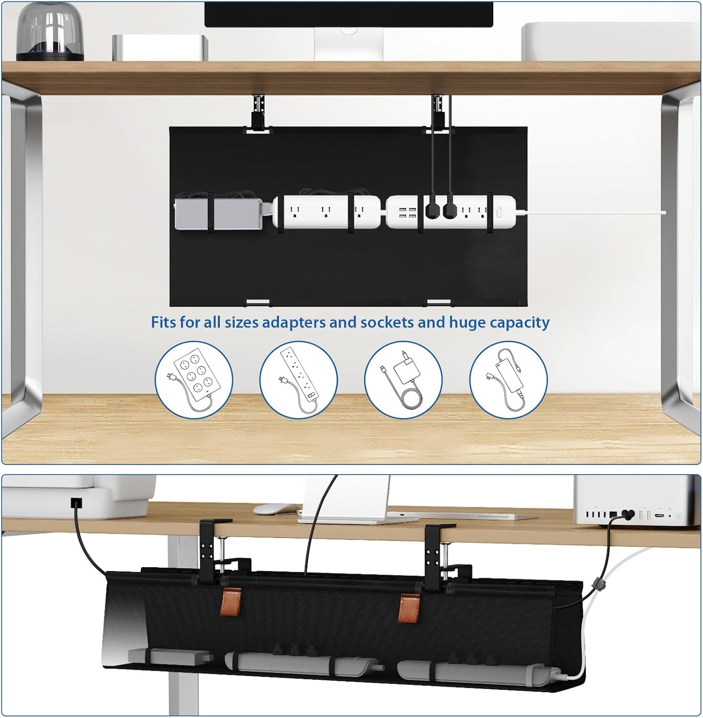 Zilink No Drill Under Desk Cable Management Tray 30" Cord Organizer for Table Clamp/Screw Mount Desk Cable Management Sturdy Waterproof Fabric Cord Hiders for Office, Home