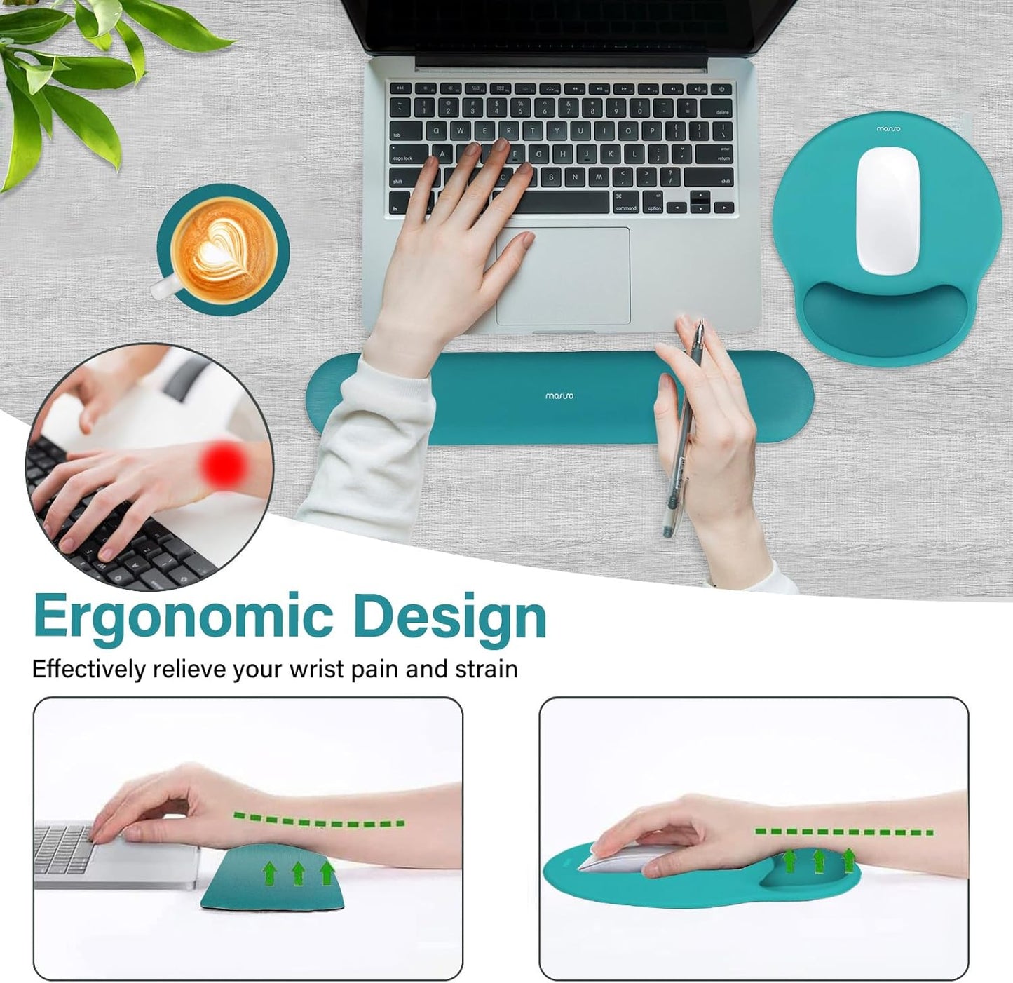 MOSISO Wrist Rest Support for Mouse Pad&Keyboard Set, Circle Curved Ergonomic Mousepad&Coaster Non-Slip Base Home/Office Pain Relief&Easy Typing Pad with Soft Cloth&Silicone Lining, Antique Green