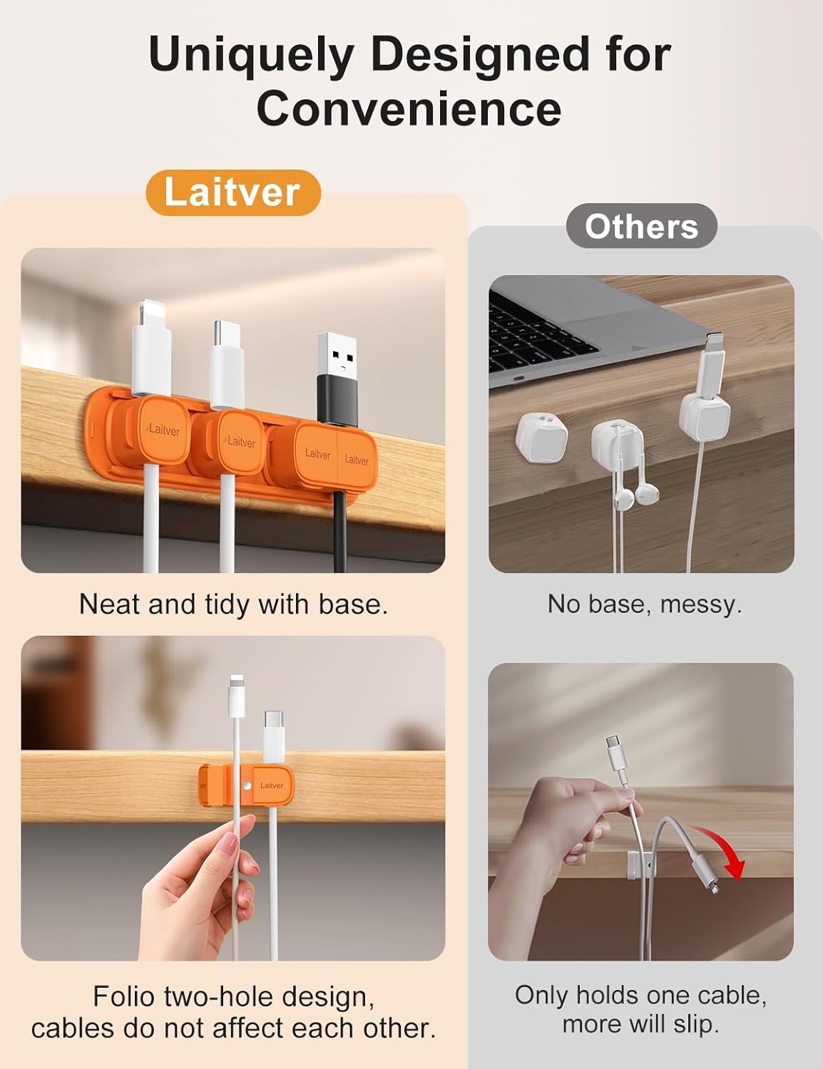 6 Pack Magnetic Cable Clips [1s Open/Lock], Laitver Cord Organizer Holder Strong Adhesive Desk Cable Management- Organize Charging Cords Neatly for Home, Office, Car,Desk, Nightstand
