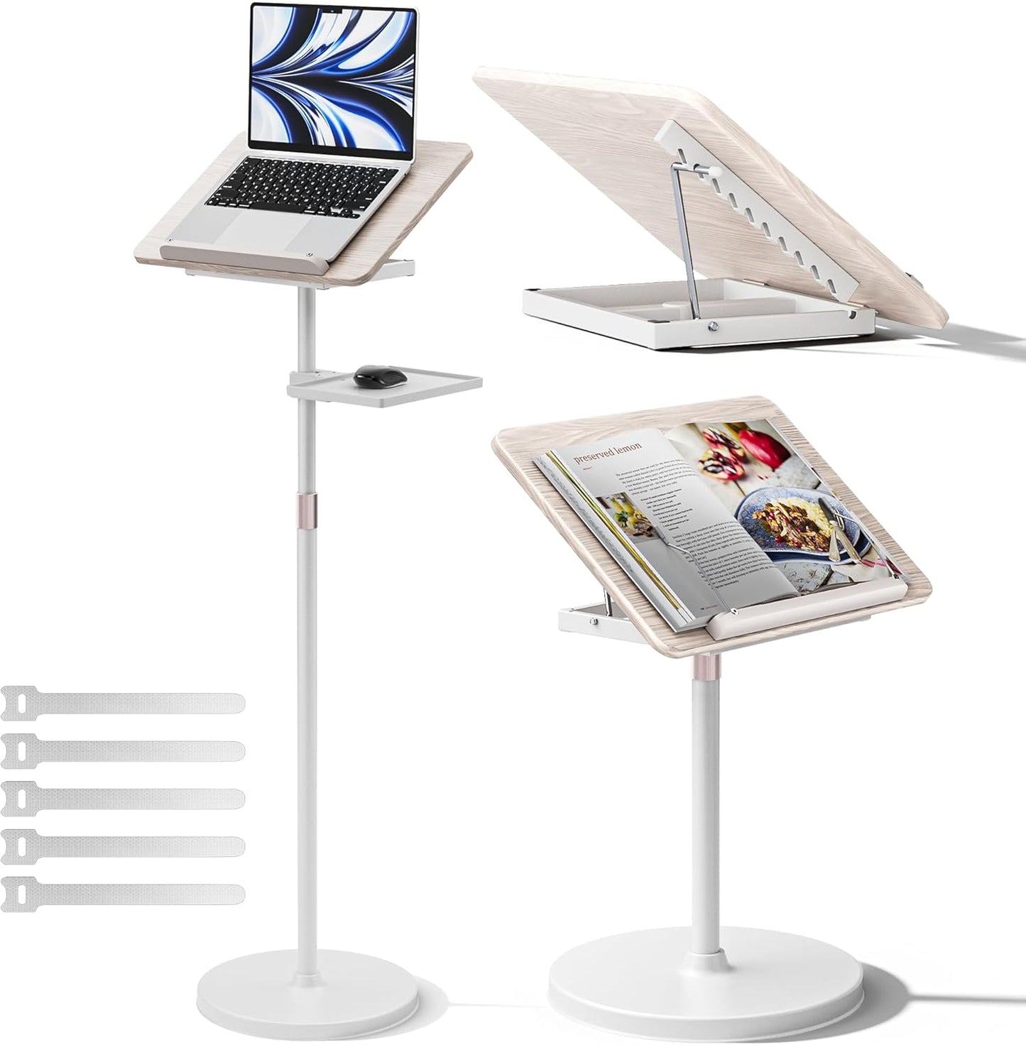 2 in 1 Adjustable Book Stand - Dual-Use Floor and Desktop Book Holder Stand, Height Adjustable 23.5-52 in, Elastic Page Clips for Music Sheet, Recipe, Tablet, Laptop-Black