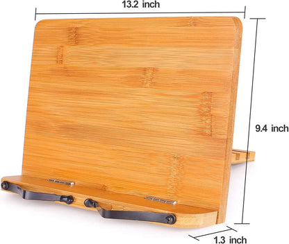 MEGREZ Bamboo Book Stand for Reading, Adjustable Cookbook Holder with Page Clips, Recipe Book Holder for Kitchen, Smooth Surface (11.0 x 8.0 inch)