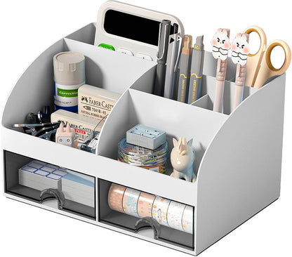 COMFYROOM Desk Organizer with 6 Compartments and 2 Drawers, Plastic Makeup Organizer, Pen Holder for Desktop Storage, Desk Organization for School, Home, Office Supplies (White)