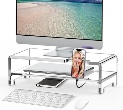 Acrylic Monitor Stand Riser Acrylic Laptop Stand for Desk Clear Computer Monitor Stand for Desk Accessories White Aesthetic Decorations for Office Home iMac Organizer