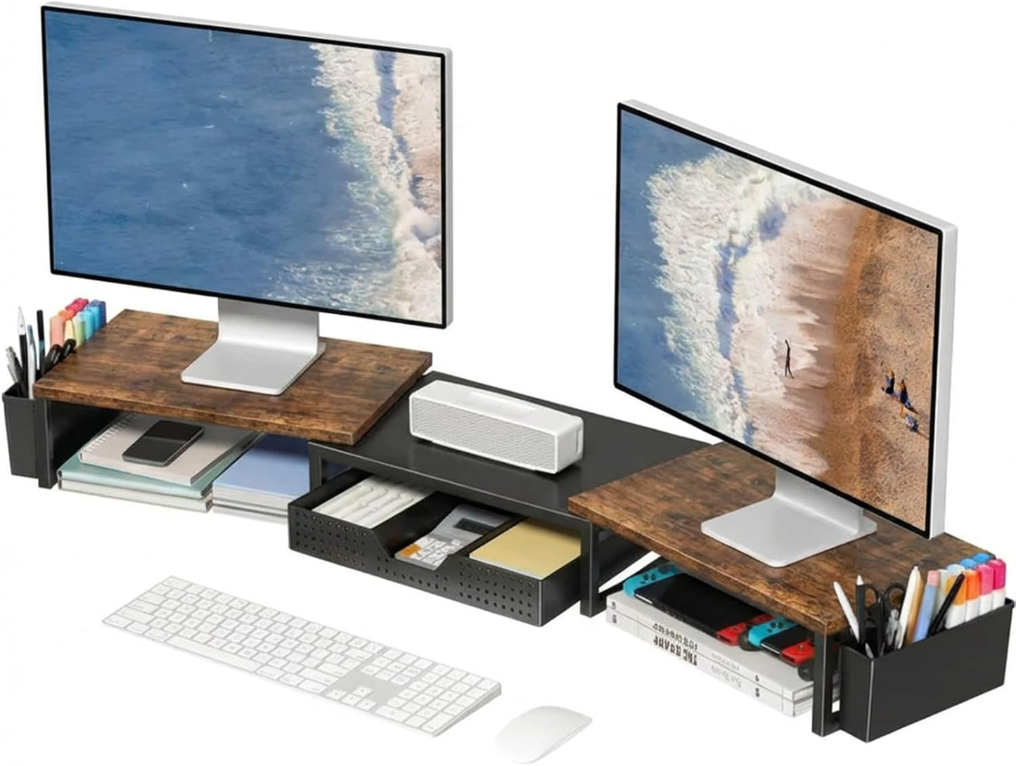 OPNICE Clear Acrylic Desk Organizers and Accessories, Dual Monitor Stand Riser with Drawer, Desk Shelf Computer Racks for Office Workspace Organizers, Desktop Organization (Transparent)
