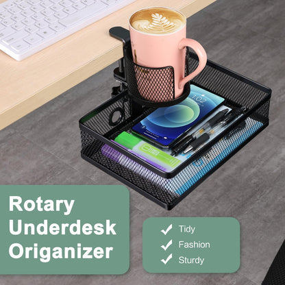 ROSYLINE 360°rotation under desk drawer, Drawer Under Desk Storage Organizer, Rotary Desk Storage Organizer with Cup Holder, Clamp Drawer Basket, sturdy and durable (black)