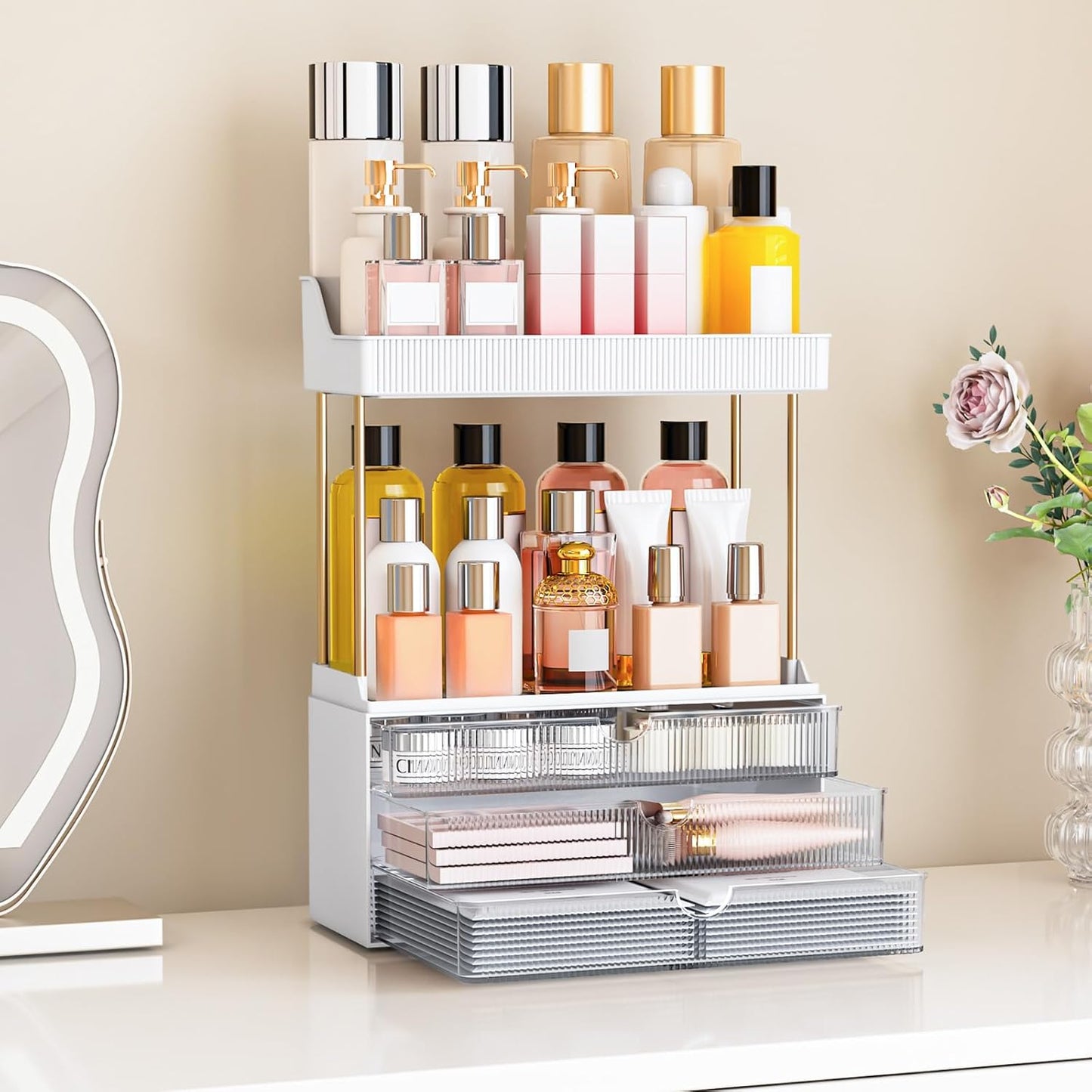 caktraie 12.2" W Makeup Organizer Drawers - 5 Tiers Bathroom Counter Organizer, Cosmetic Storage Drawer for Dresser Countertop and Bathroom Vanity for Large Skincare, Perfume, Clear