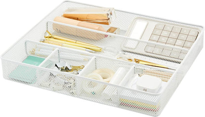 Annova Desk Drawer Organizer Tray for Office Organization - Metal Mesh - Storage Tray with Dividers for Pens, Desktop Accessories, Bathroom, Kitchen, Makeup and Office Supplies (Small, Gold)