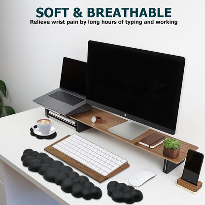 Ergonomic Keyboard Wrist Rest, PU Leather Memory Foam Cloud Wrist Rest for Computer Keyboard, Mouse Wrist Rest and Keyboard Pad for Gaming, Office, Computer, Laptop, Typing Pain Relief, Pastel Pink