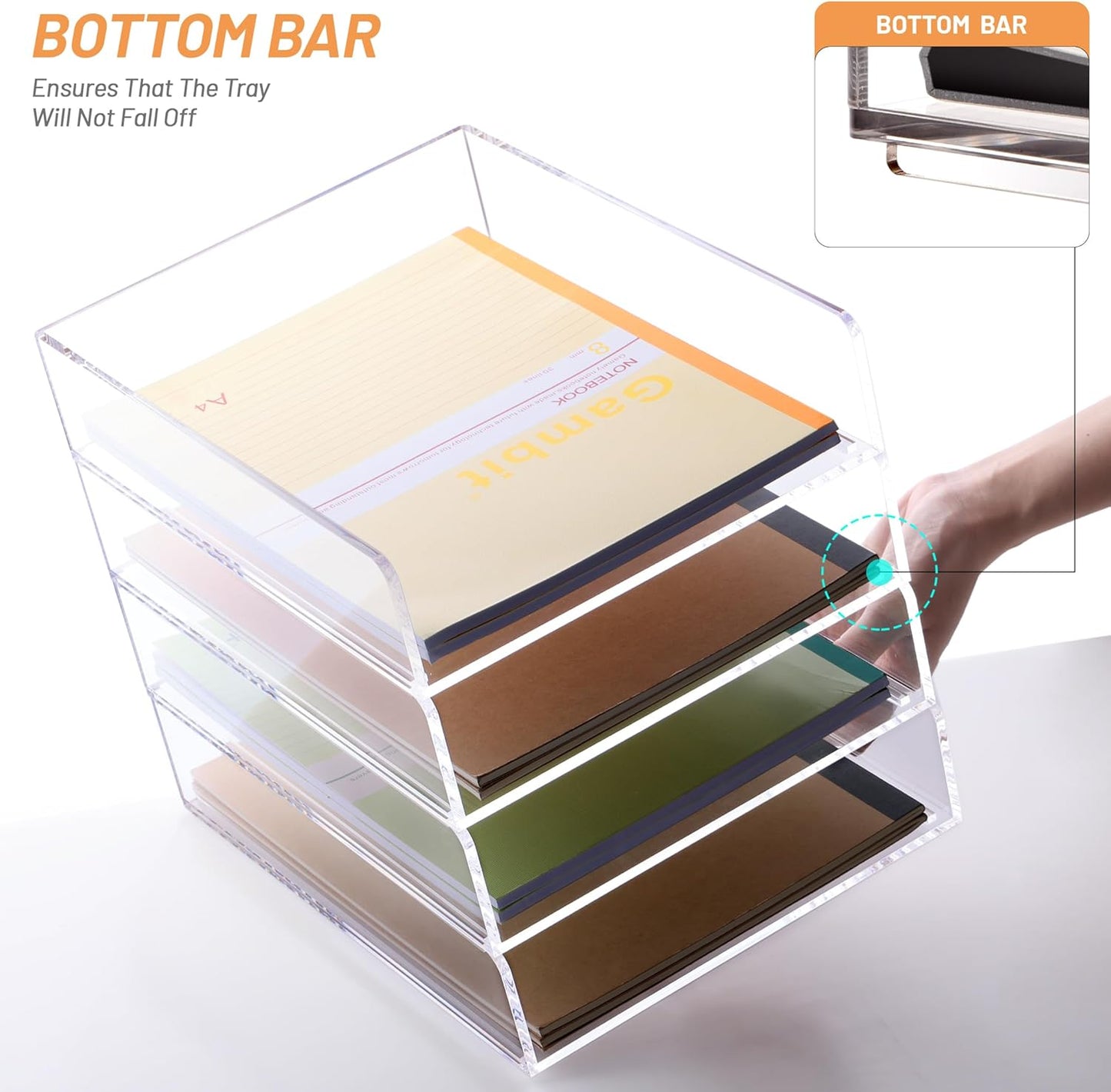 SANRUI 4-Tier Acrylic Stackable Desk Organizer Trays – Clear Vertical Paper Tray for A4/Letter Files, Folders & Office Supplies – Modular Desktop Storage Shelf, Workspace & Home Organization