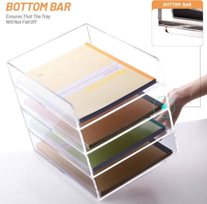 SANRUI 4-Tier Acrylic Stackable Desk Organizer Trays – Clear Vertical Paper Tray for A4/Letter Files, Folders & Office Supplies – Modular Desktop Storage Shelf, Workspace & Home Organization