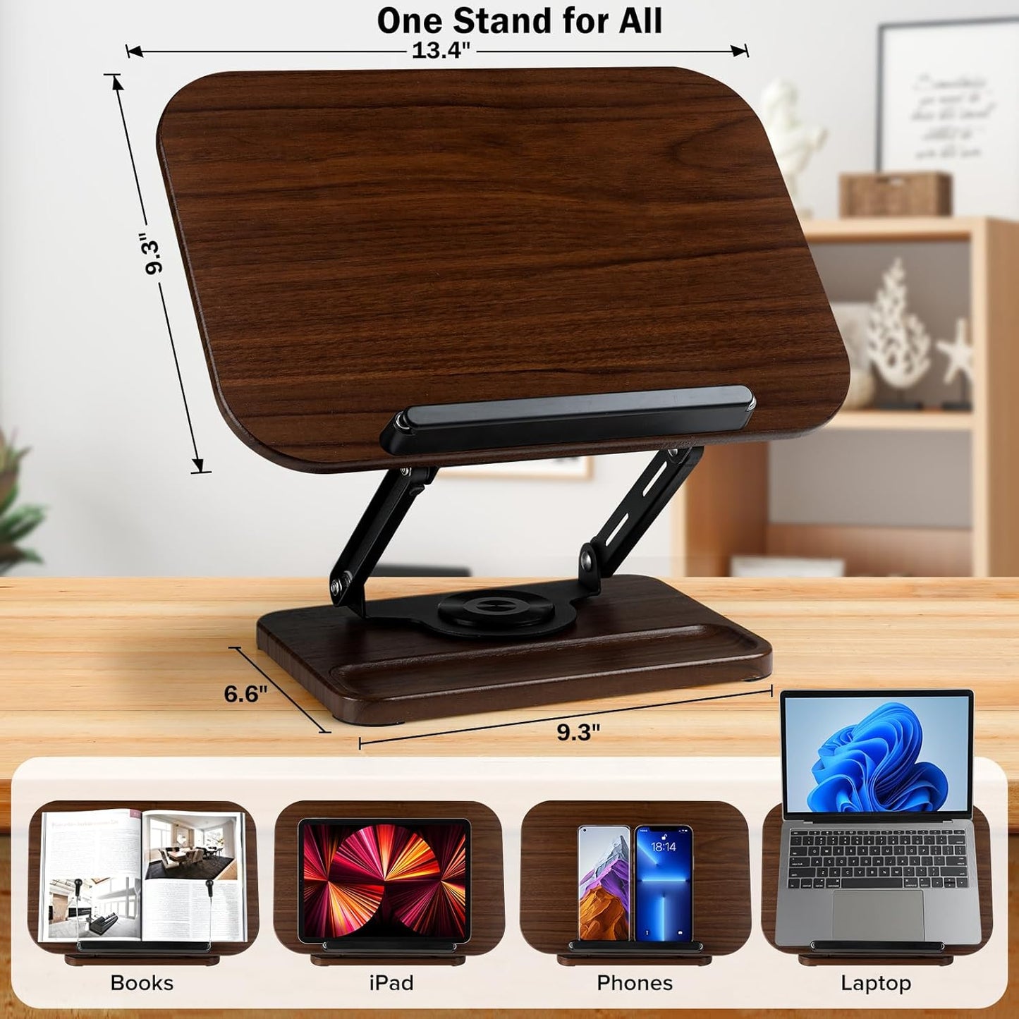 Book Stand with Light & Storage, Book Holders for Reading Hands Free, Wooden Cookbook Stand with Adjustable Height & 360 °Angle for Recipe,Magazine,Laptop,Tablet, Bible