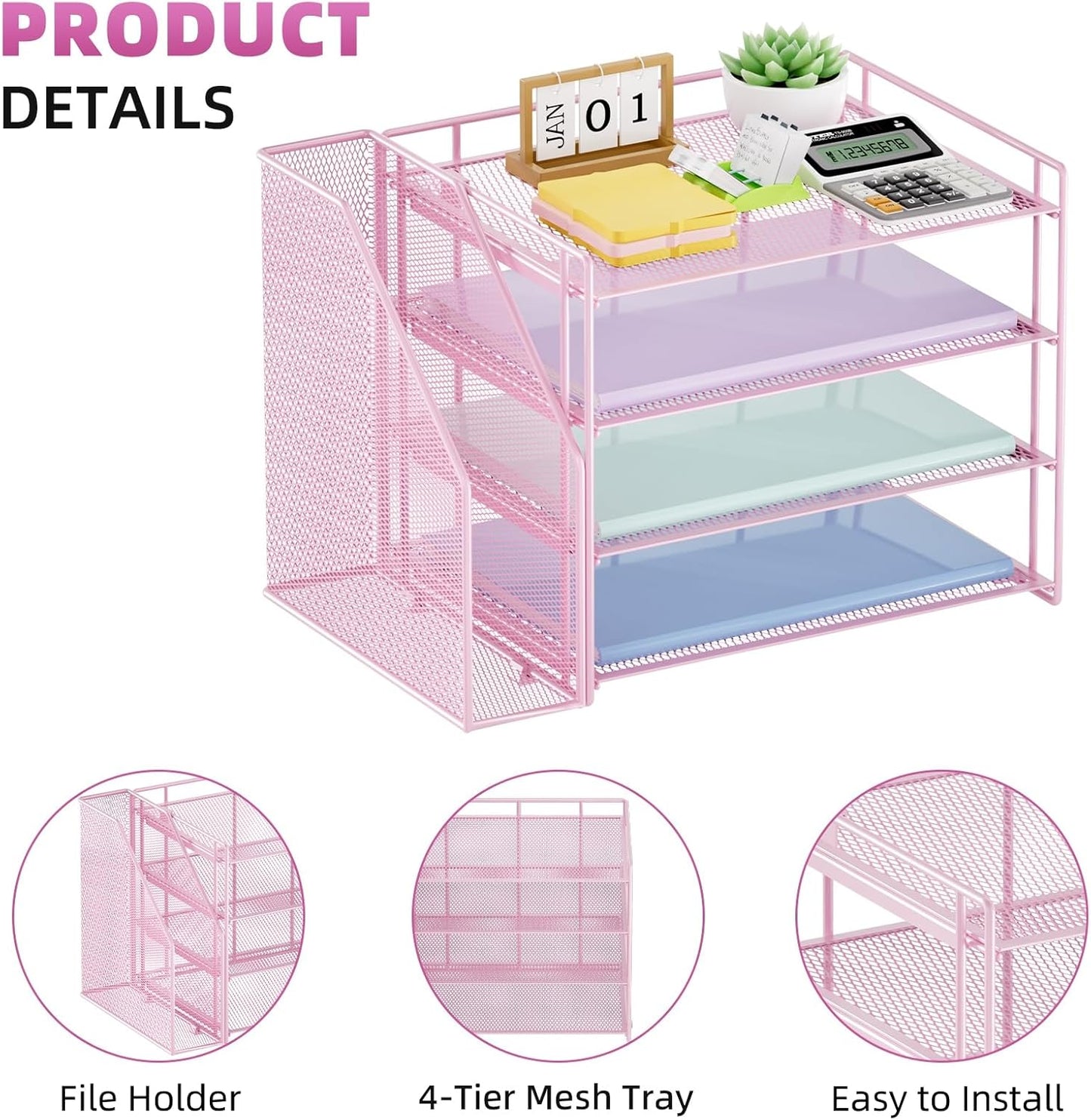 Marbrasse Desk Organizer and Accessories，4-Tier Paper Letter Tray Organizer with File Holder，Desk Accessories & Workspace Desktop Organizers for School Home Office Supplies (Blue)