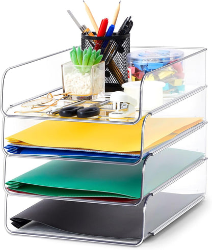 Juexica 4 Pcs Stackable Clear Letter Trays Organizer for Desk A4 Size File Paper Organizer Acrylic Desk Organizer Trays with Anti Skid Bottom for Home Office School (Vertical Opening Style)