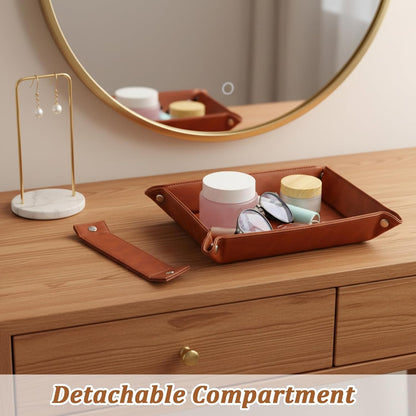 Vintage Valet Tray Set of 2, Foldable PU Leather Catchall Organizer with Removable Dividers for Desktop, Nightstand, Dresser - Dark Brown, 11.2"x8.4"x1.8"