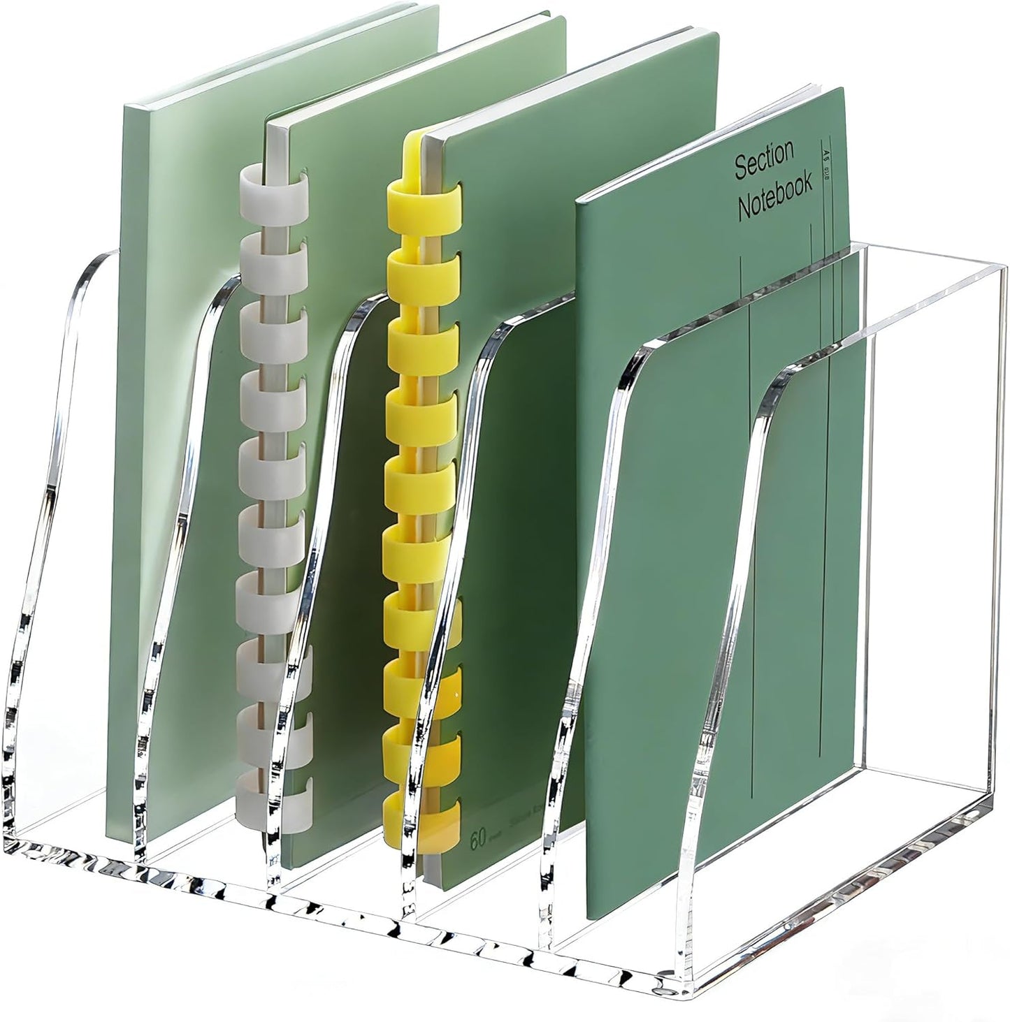 YUXUN Clear Acrylic File Folder Holder - 4 Vertical Compartments Desk Document Sorter, Upright Magazine Rack for Office/Home/Classroom, Stores Documents, Tablets, Magazines, Books & Accessories