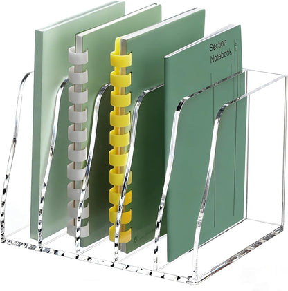 YUXUN Clear Acrylic File Folder Holder - 4 Vertical Compartments Desk Document Sorter, Upright Magazine Rack for Office/Home/Classroom, Stores Documents, Tablets, Magazines, Books & Accessories