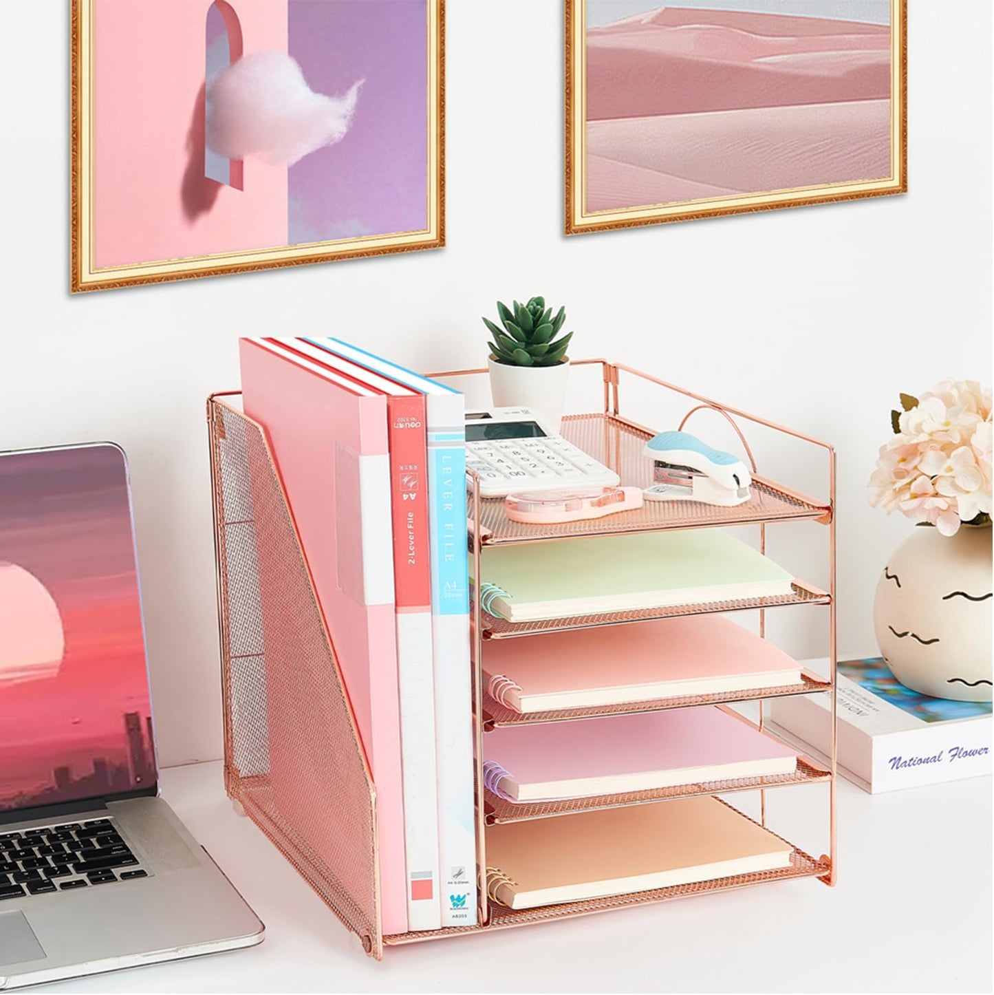 LEKETREE Desk Organizers and Accessories, 5-Tier Paper Letter Tray Organizer with File Holder, Desktop Organizer for Office Supplies (Black)