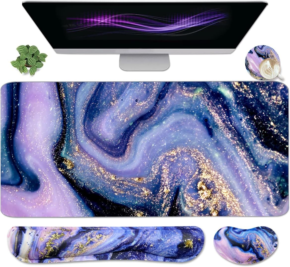 Large Mouse Pad and Keyboard Wrist Rest, Desk Pad for Keyboard and Mouse, 4-in-1 Large Gaming Mouse Pad with Wrist Support, Desk Mat for Home Office Study Game-Galaxy Fluid