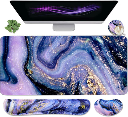 Large Mouse Pad and Keyboard Wrist Rest, Desk Pad for Keyboard and Mouse, 4-in-1 Large Gaming Mouse Pad with Wrist Support, Desk Mat for Home Office Study Game-Galaxy Fluid