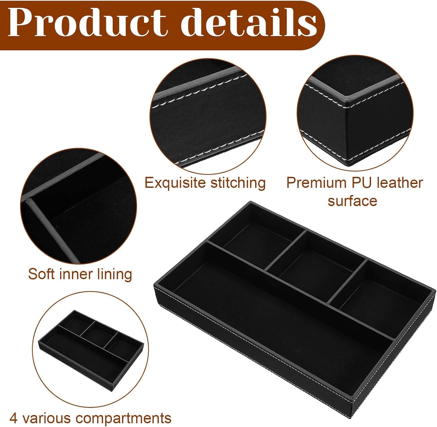 2 Pieces Faux Leather Valet Tray for Men, Stackable Jewelry Organizer for Drawers, Nightstand Caddy Tray for Key, Wallet, Sunglass, Watch, Coin, Phone, Bedside Desk-top Storage (Black)