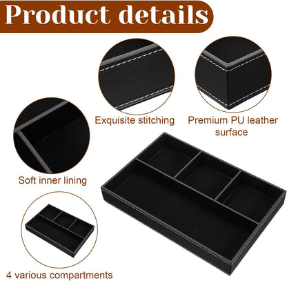 2 Pieces Faux Leather Valet Tray for Men, Stackable Jewelry Organizer for Drawers, Nightstand Caddy Tray for Key, Wallet, Sunglass, Watch, Coin, Phone, Bedside Desk-top Storage (Black)