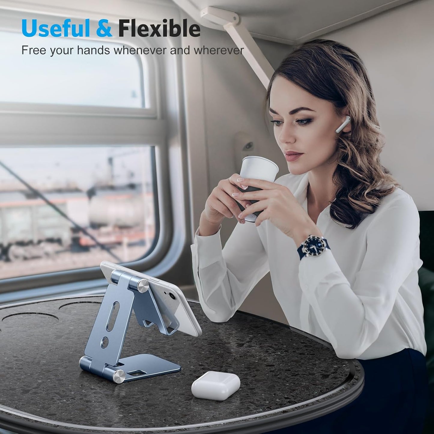 OMOTON Foldable Cell Phone Stand, C4 Portable Aluminum Phone Holder, Adjustable Phone Dock Cradle Compatible with iPhone 17/16/15 Pro Max Air, Samsung Galaxy, Small Tablets, All Smart Phones, Silver