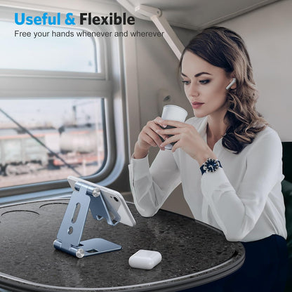 OMOTON Foldable Cell Phone Stand, C4 Portable Aluminum Phone Holder, Adjustable Phone Dock Cradle Compatible with iPhone 17/16/15 Pro Max Air, Samsung Galaxy, Small Tablets, All Smart Phones, Silver